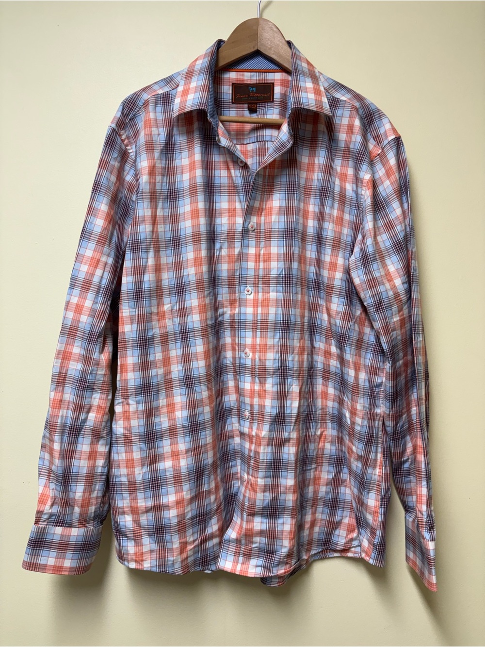 James Tattersall Orange & Blue Plaid Button Down Long Sleeve Shirt XL 17 17-1/2
